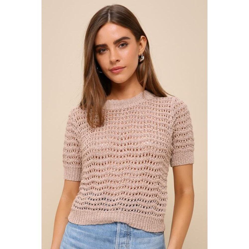 Lulus Essential Darling Tan Loose Crochet Short Sleeve Sweater Top Beige